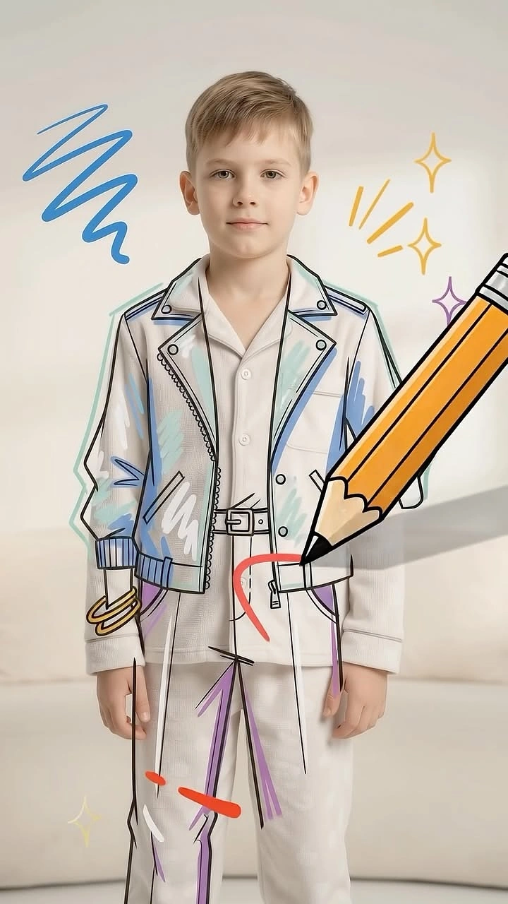 Kids Clothing creative ad: Pencil sketching outfit onto child