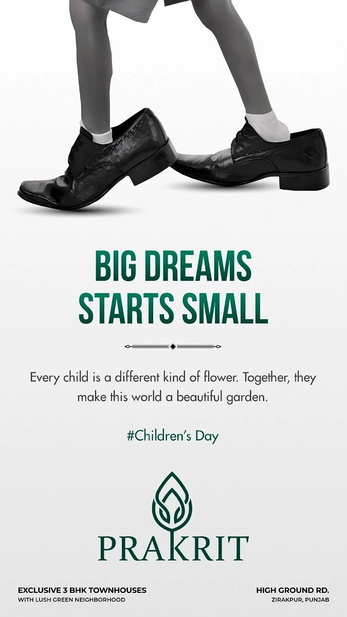 Children's Day creative ad: Child's legs wearing oversized adult leather shoes