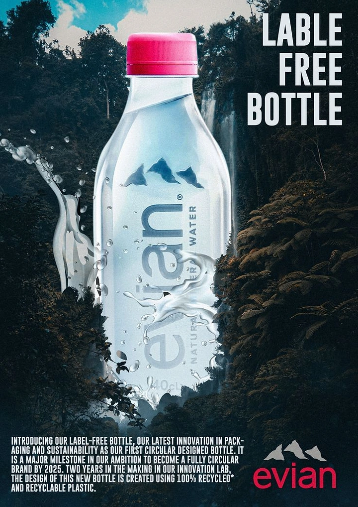 Packaged Drinking Water creative ad: Label-free bottle merged with landscape