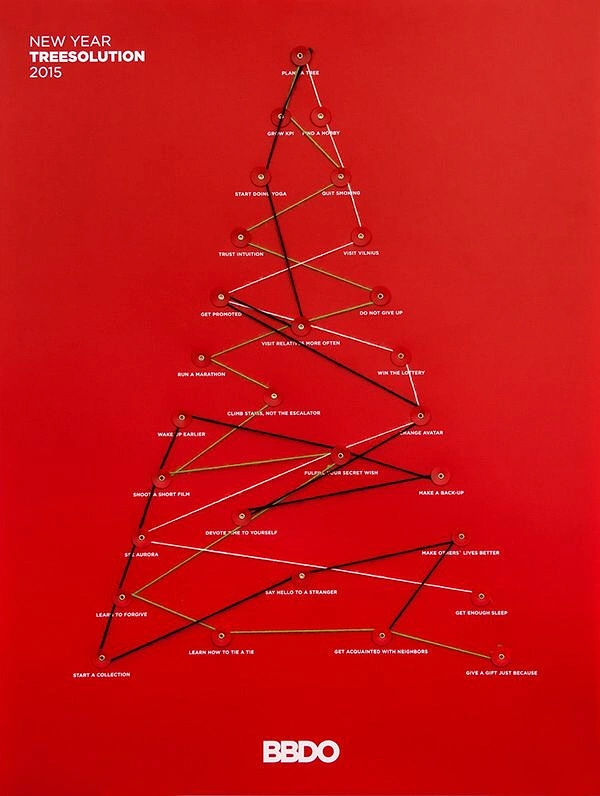 New Year creative ad: Christmas tree made of threads strung between red pins labelled with resolutions