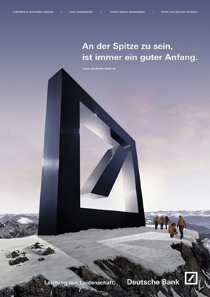 Stock Brokers & Investing creative ad: Giant black 3D logo monolith on a snowy mountain peak with climbers
