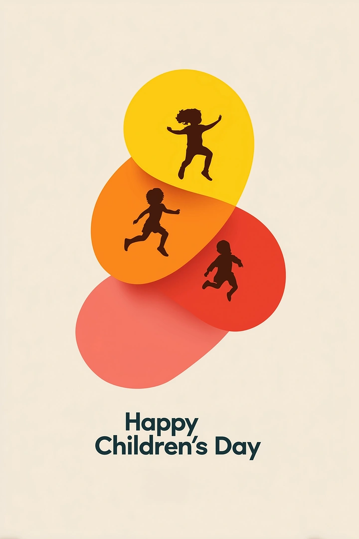Children's Day creative ad: Stacked warm-coloured blobs with leaping child silhouettes
