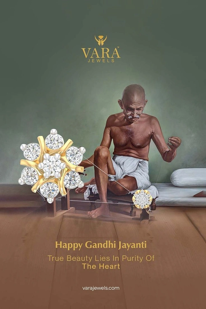 Gandhi Jayanti creative ad: Painted Gandhi spinning a charkha with diamond jewellery as wheels