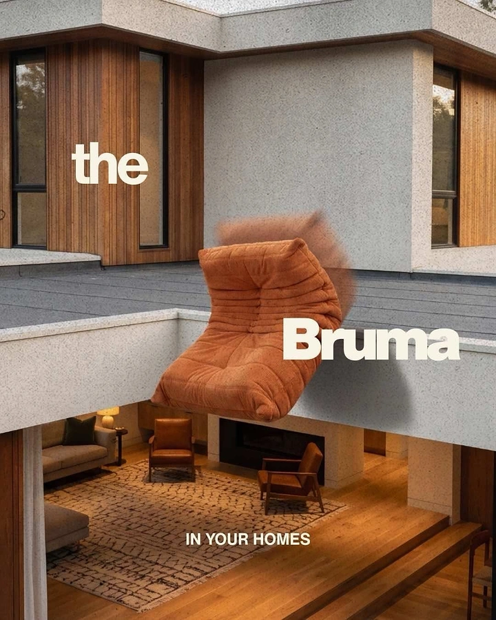 Creative ad: Rust-orange modular lounge chair falling into a modern house