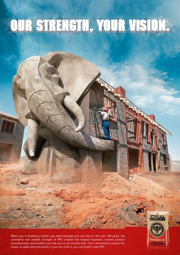 Poster: Giant concrete elephant holding up a house under construction