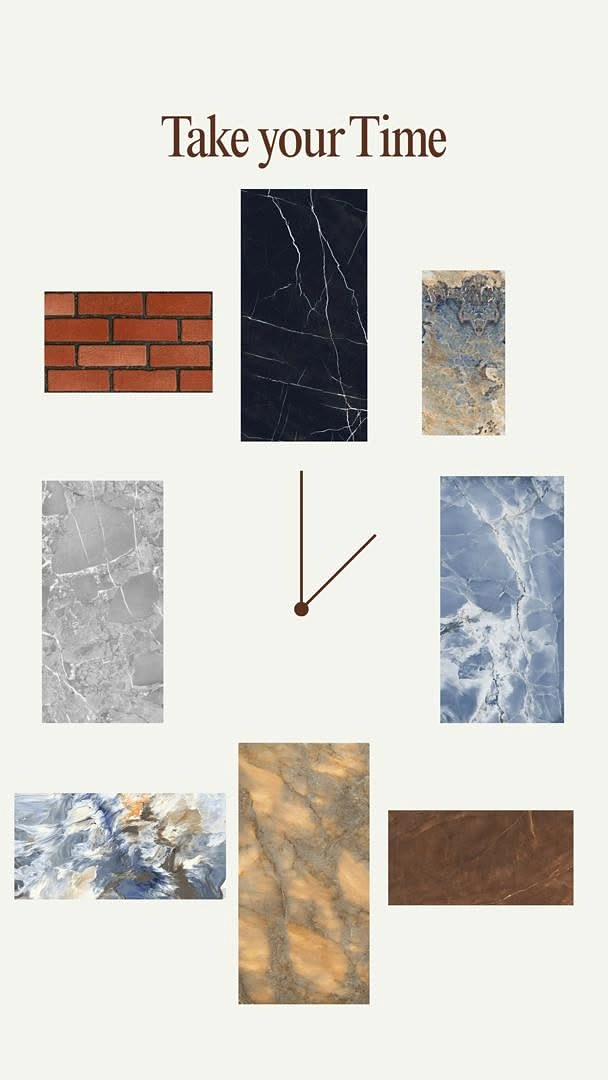 Cement, Steel & Building Materials creative ad: Tile swatches arranged as clock face hour markers
