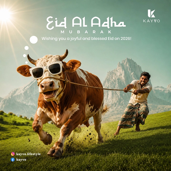 Eid creative ad: Cow in sunglasses dragging a man in a lungi across a meadow