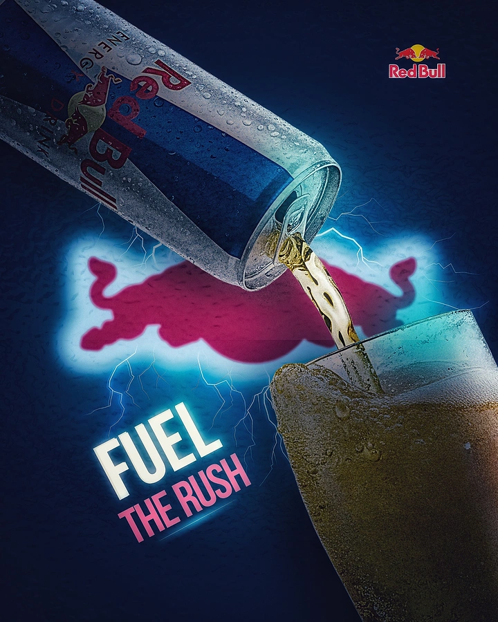 Energy & Sports Drinks creative ad: Pouring cans create dynamic fuel metaphor