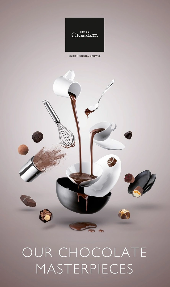 Creative ad: Floating kitchen utensils pouring melted chocolate into bowls