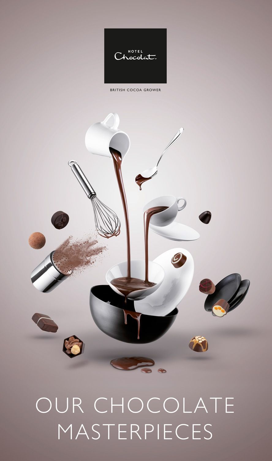 Poster: Floating kitchen utensils pouring melted chocolate into bowls