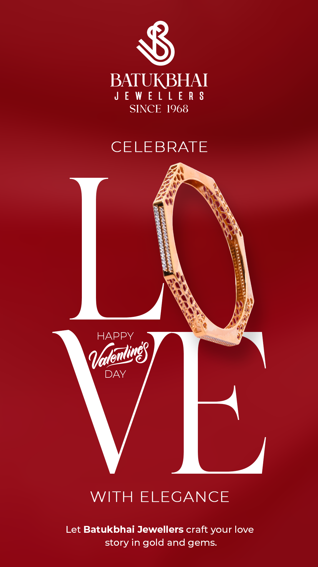 Valentine's Day Story: Octagonal rose-gold diamond bangle forming the O in LOVE