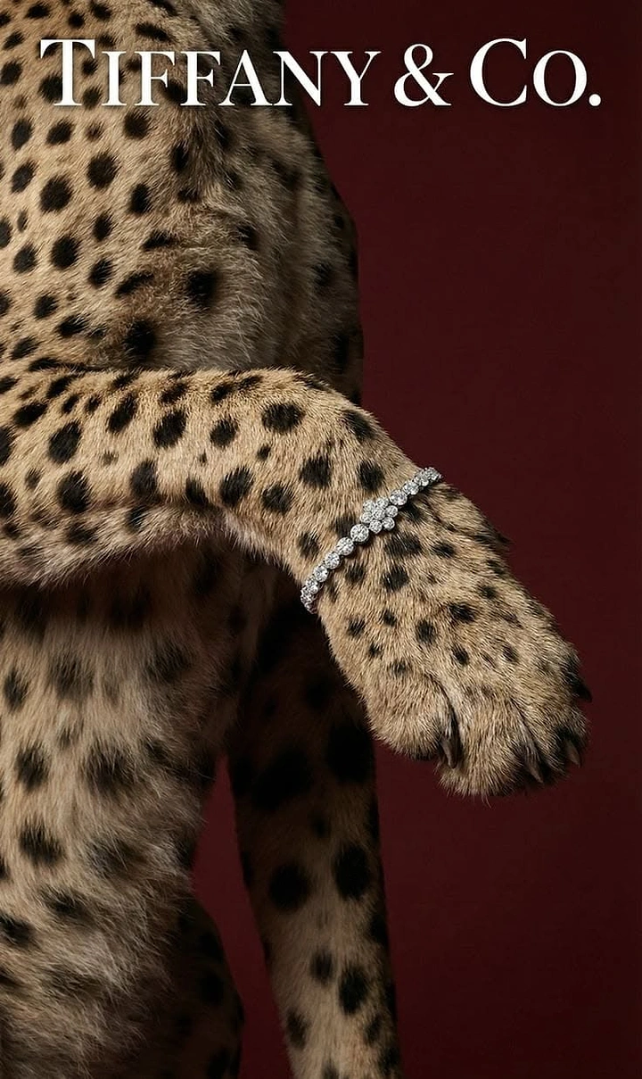 Creative ad: Cheetah paw wearing a diamond floral tennis bracelet