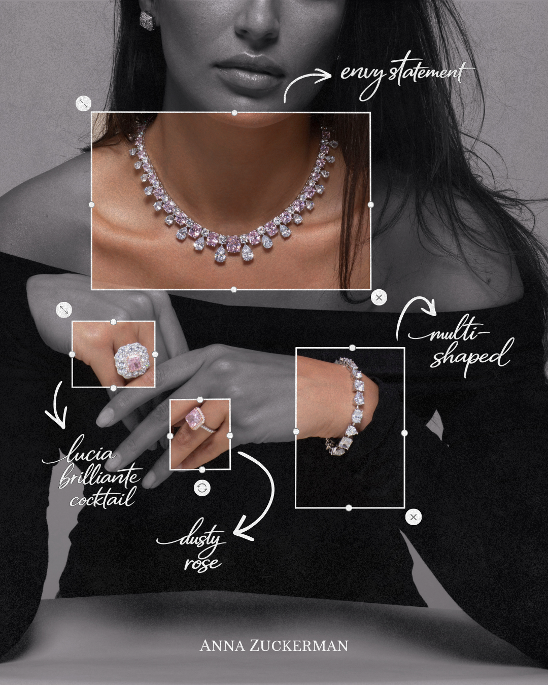Instagram post: Monochrome model wearing pink diamond necklace, rings and bracelet