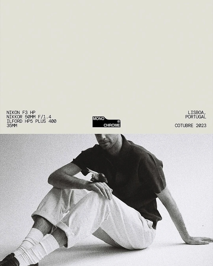 Photography creative ad: Film-spec metadata typography, editorial monochrome