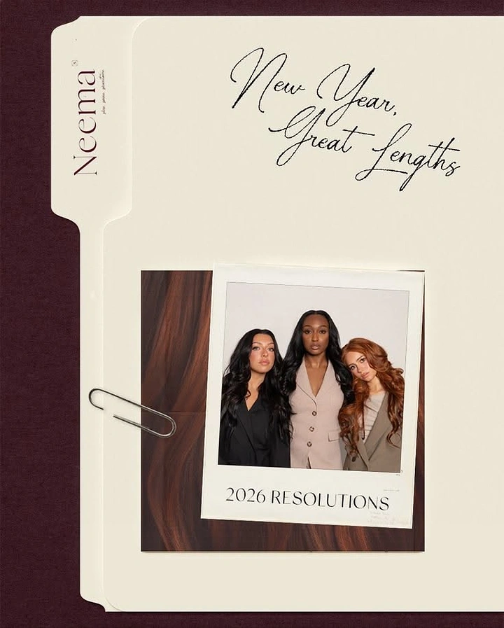 New Year creative ad: Polaroid of three women with long hair on a cream file folder