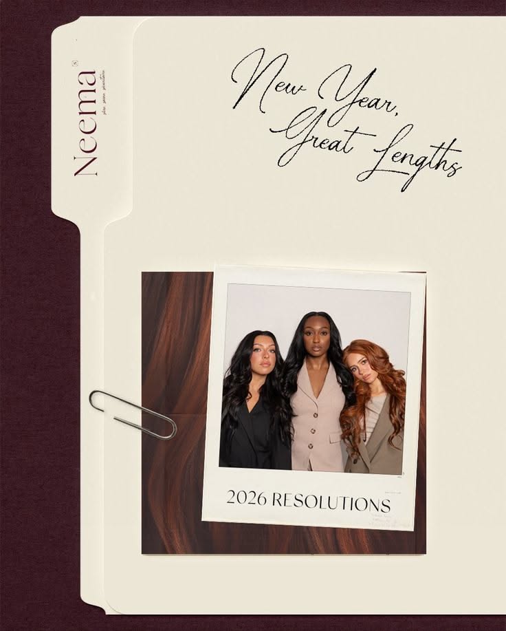 New Year Instagram post: Polaroid of three women with long hair on a cream file folder