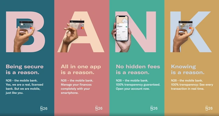 Creative ad: Hands holding a bank card and phone through giant letters spelling BANK