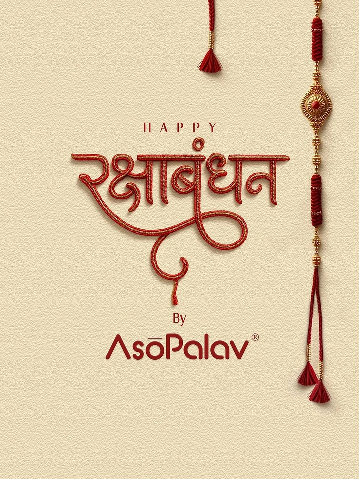 Raksha Bandhan creative ad: Hindi 'Raksha Bandhan' lettering made of twisted red-gold thread beside a hanging rakhi
