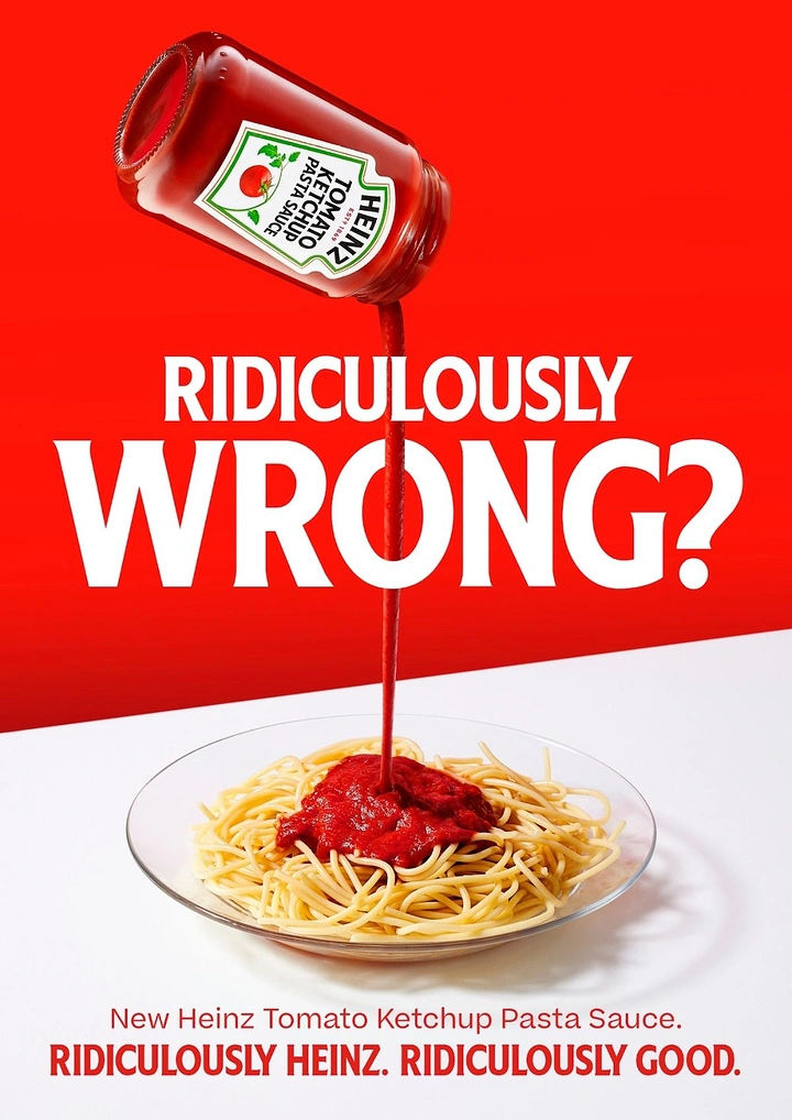 FMCG creative ad: Upturned sauce jar pouring a thin stream onto a plate of spaghetti