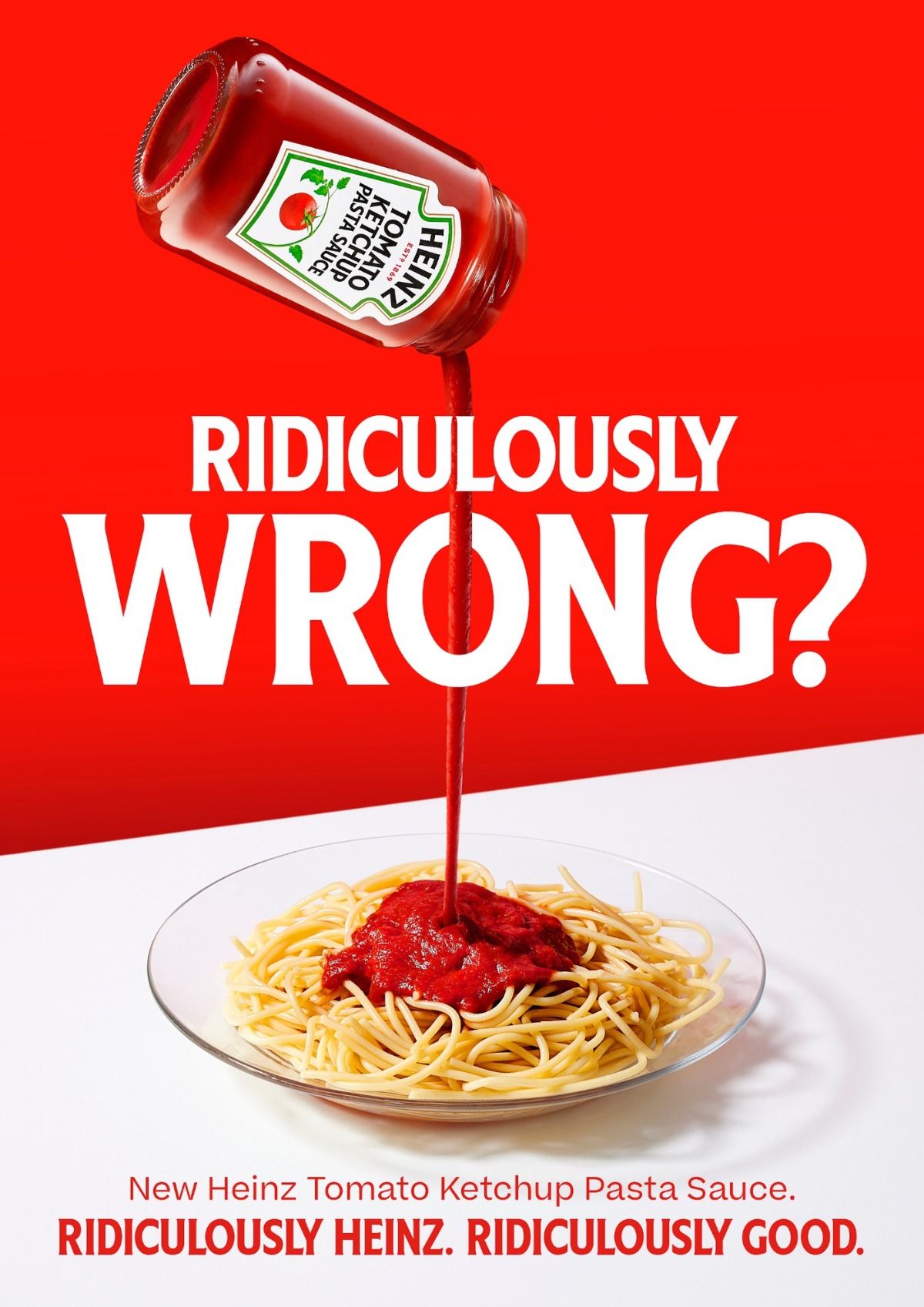 Poster: Upturned sauce jar pouring a thin stream onto a plate of spaghetti