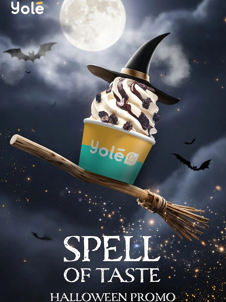Halloween creative ad: Frozen yogurt cup in a witch hat riding a broomstick
