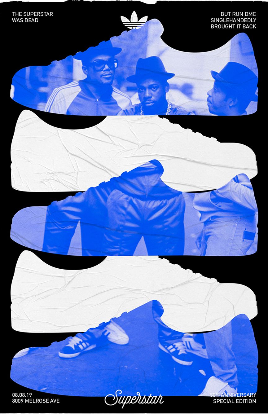 Poster: Stacked sneaker silhouettes filled with blue duotone hip-hop photos
