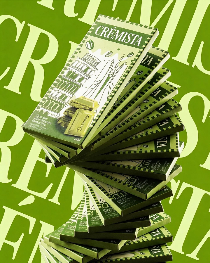 Chocolate Brands & Chocolatiers creative ad: Twisting tower of pistachio chocolate bar boxes
