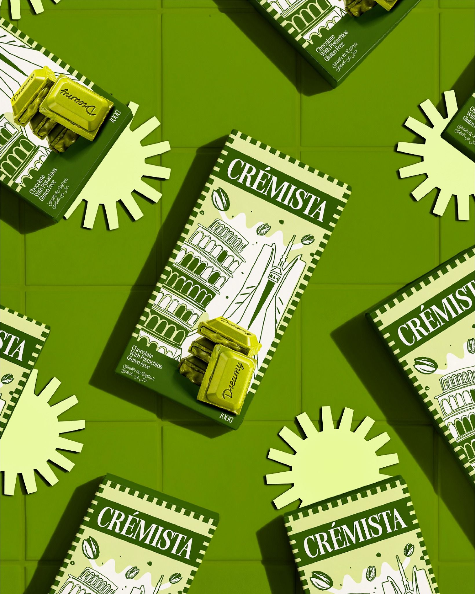 Carousel: Twisting tower of pistachio chocolate bar boxes, slide 5