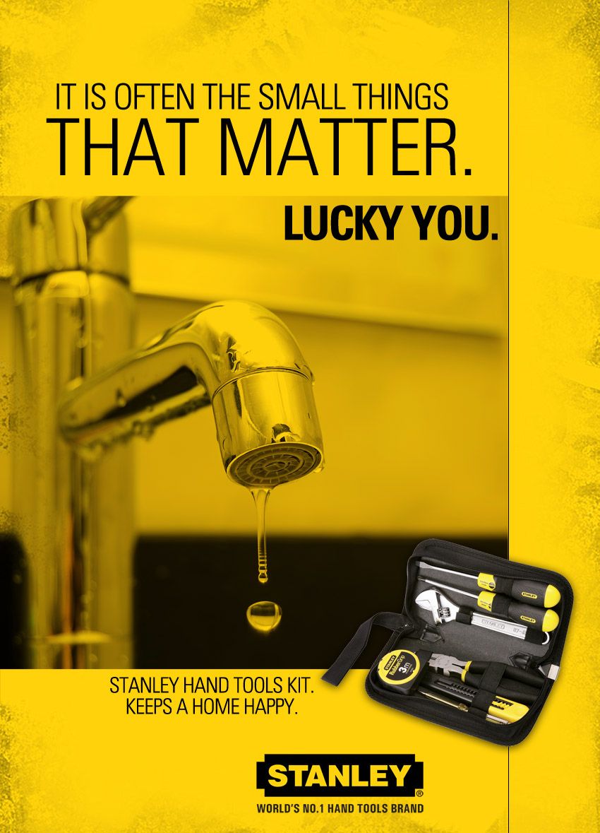 Poster: Leaking tap with a falling drop beside an open hand tool kit