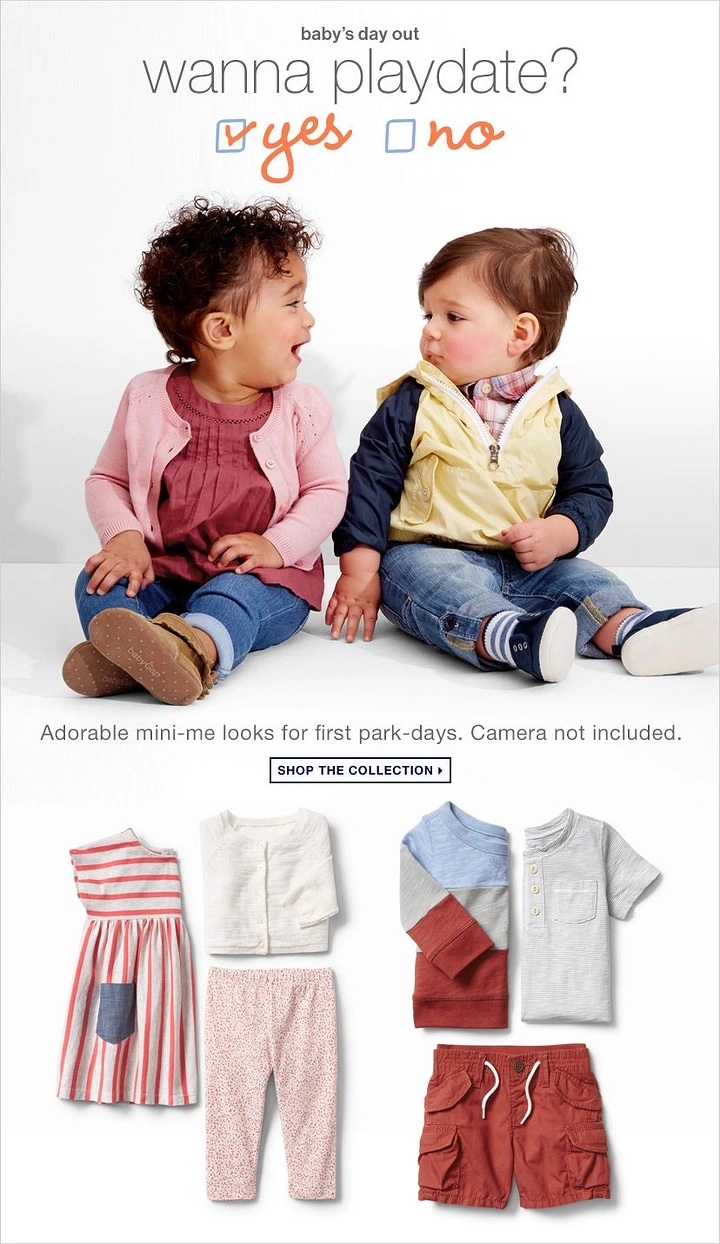 Kids Clothing creative ad: Playdate yes/no checkbox witty copy