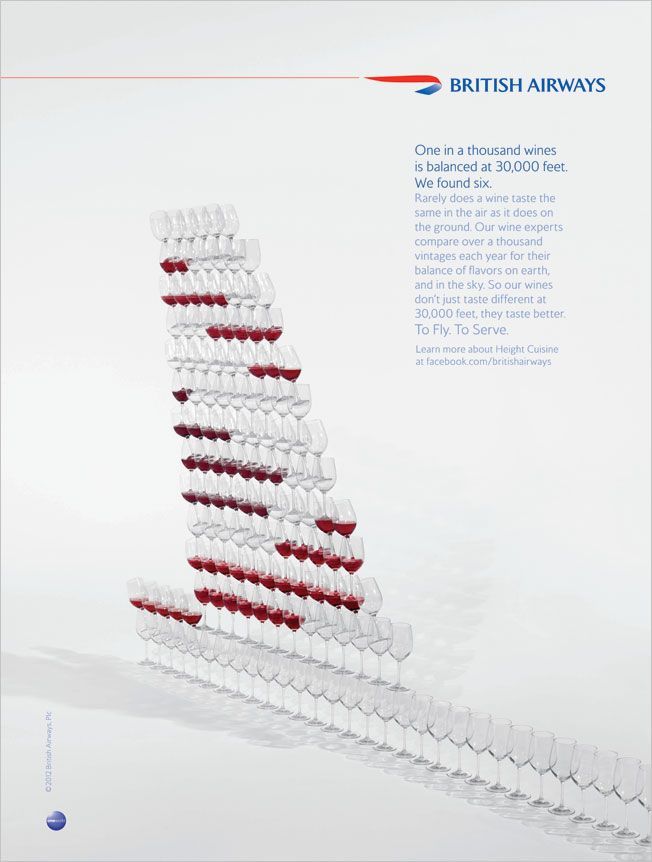 Poster: Stacked wine glasses forming an aircraft tail fin with the livery pattern in red wine