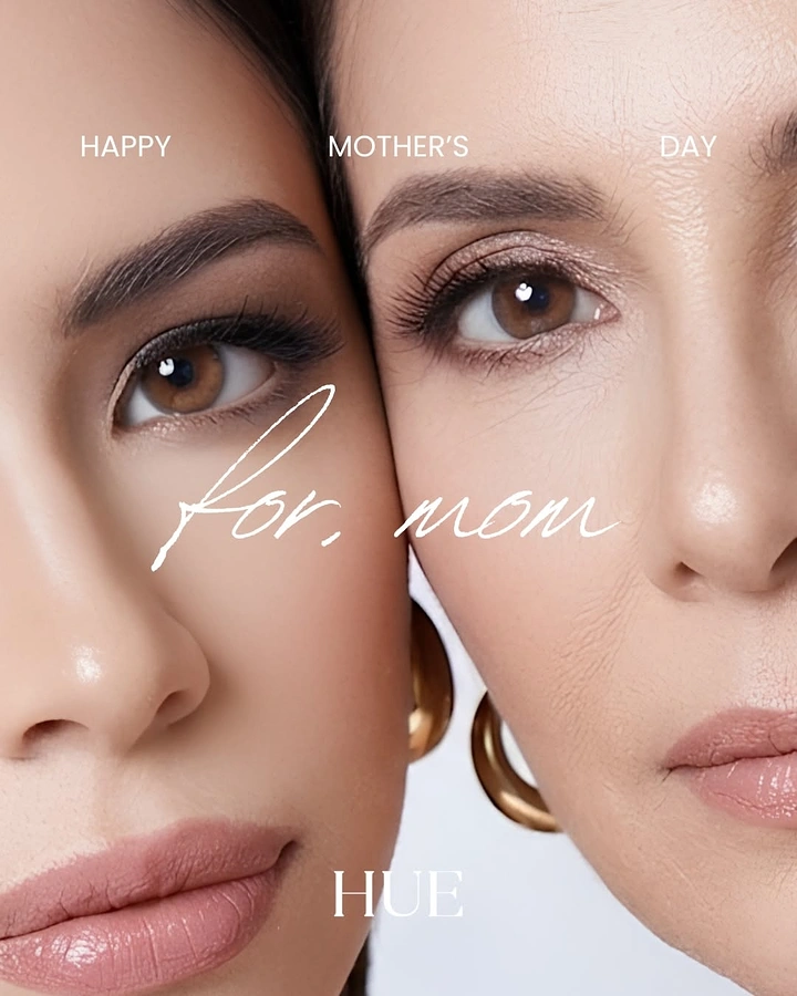 Mother's Day creative ad: Close-up faces of mother and daughter cheek to cheek