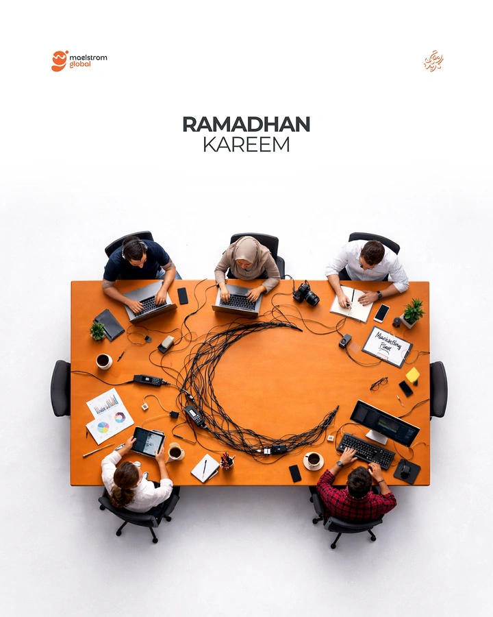Ramadan creative ad: Tangled cables forming a crescent on an office table