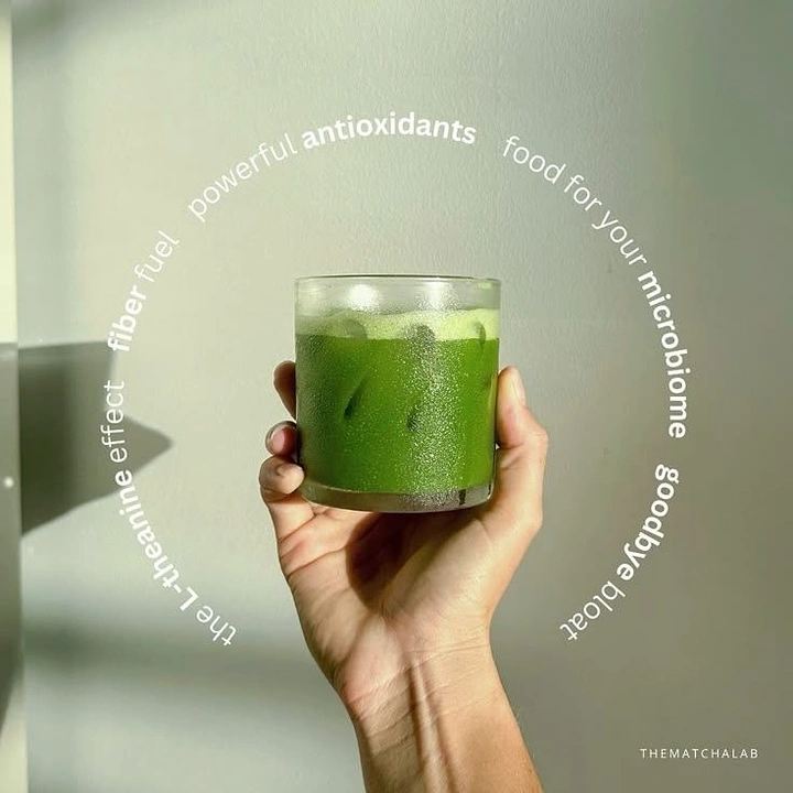 Tea & Chai Brands creative ad: Benefits text orbiting matcha glass