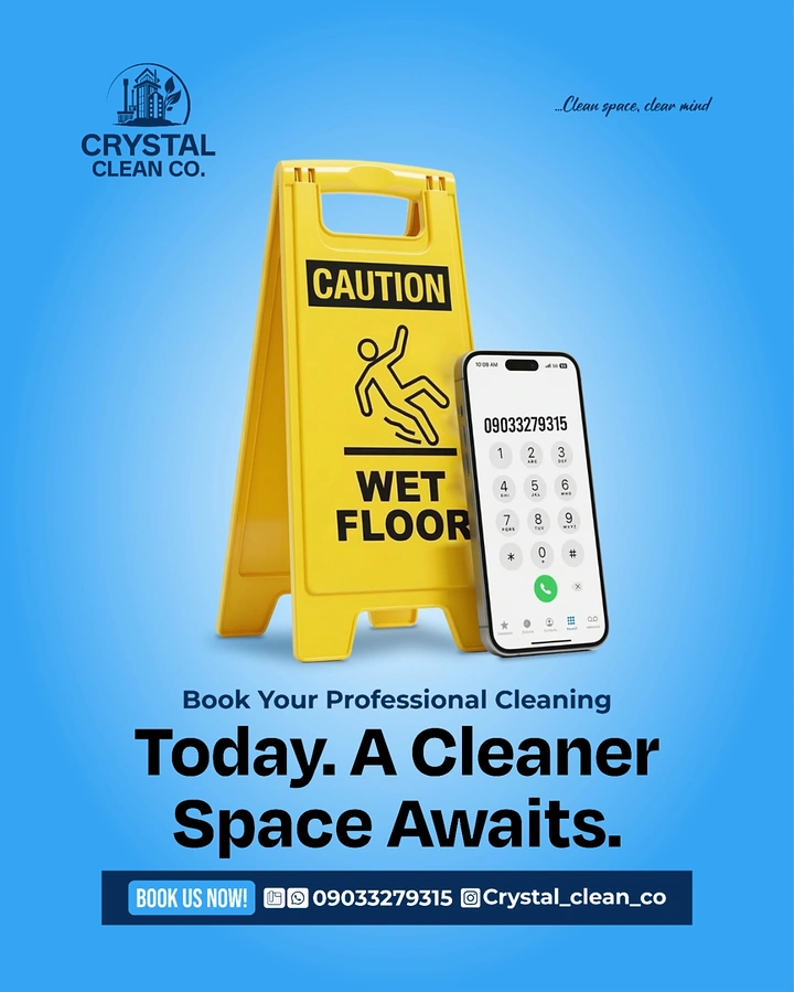 Cleaning Services creative ad: Wet-floor sign paired with phone to book