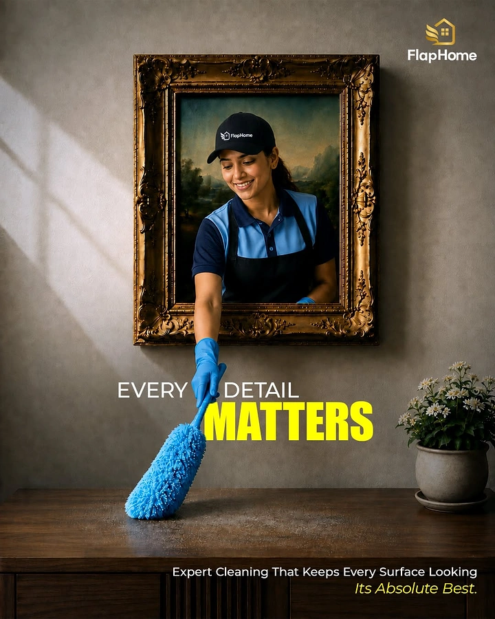Cleaning Services creative ad: Cleaner in a Mona Lisa-style portrait reaching out to dust a sideboard