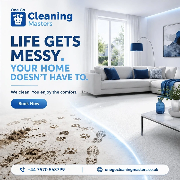 Cleaning Services creative ad: Muddy footprints fading on white rug