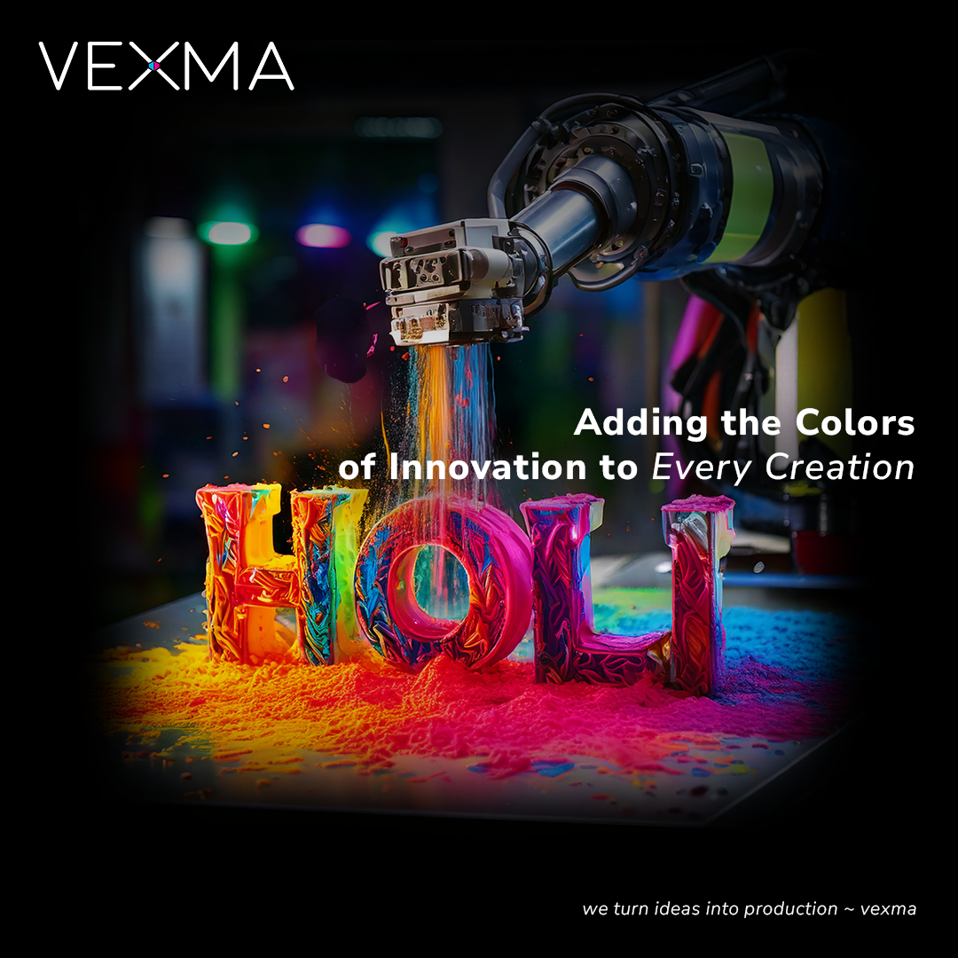 Holi Instagram post: Robotic arm pouring colour powder onto patterned 3D HOLI letters