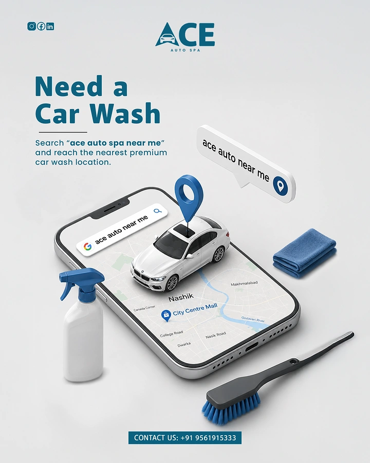 Car Wash & Detailing creative ad: 3D 'search near me' phone map idea