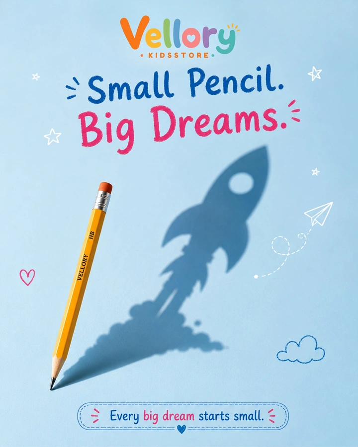 Kids Clothing creative ad: Pencil casting a rocket-ship shadow