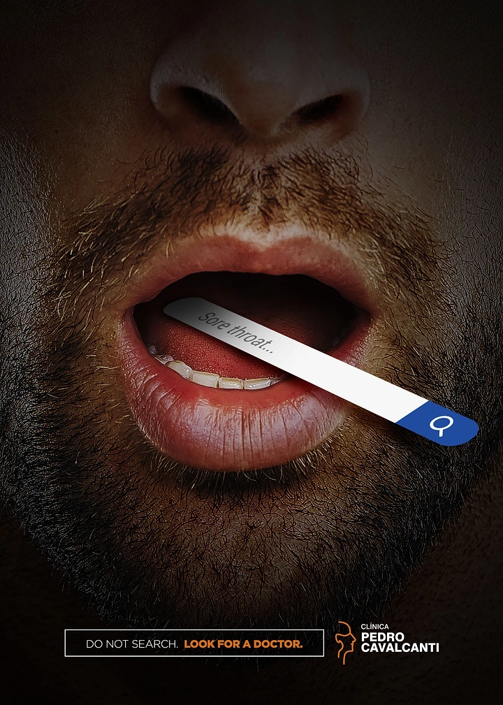Creative ad: Open mouth with a tongue depressor styled as a search bar