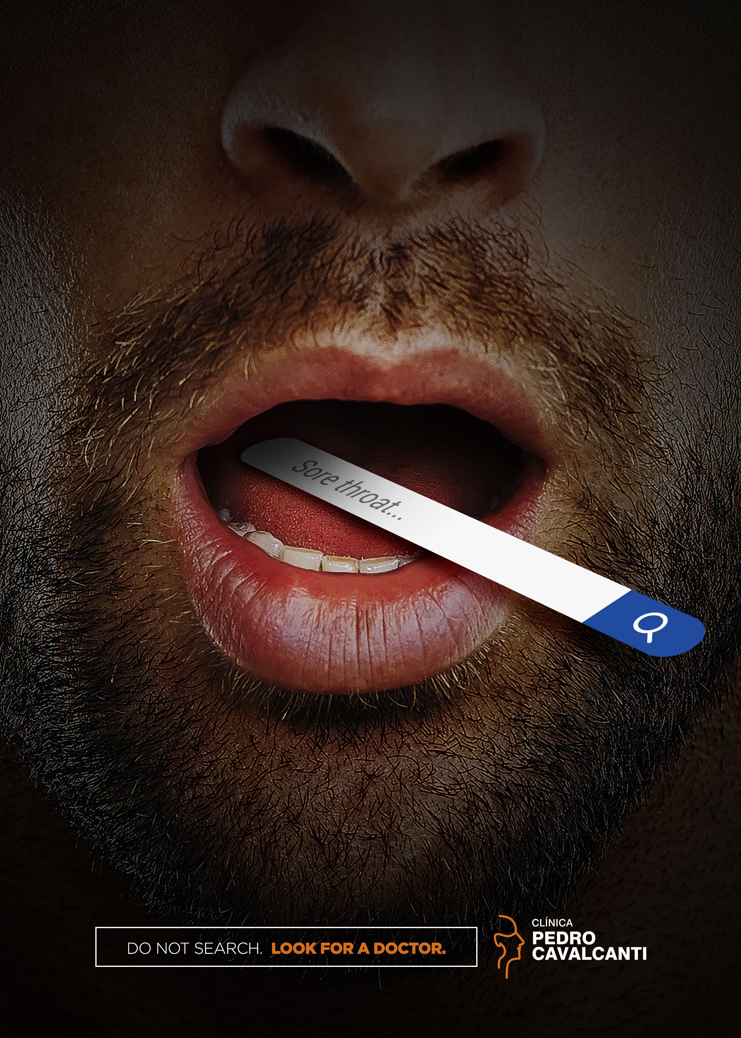 Poster: Open mouth with a tongue depressor styled as a search bar