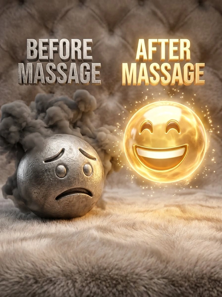 Spa & Massage creative ad: Before/after: iron stressed ball vs golden smiley