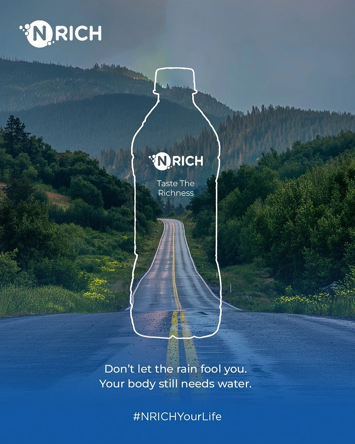 Packaged Drinking Water creative ad: Bottle silhouette contains scenic road landscape
