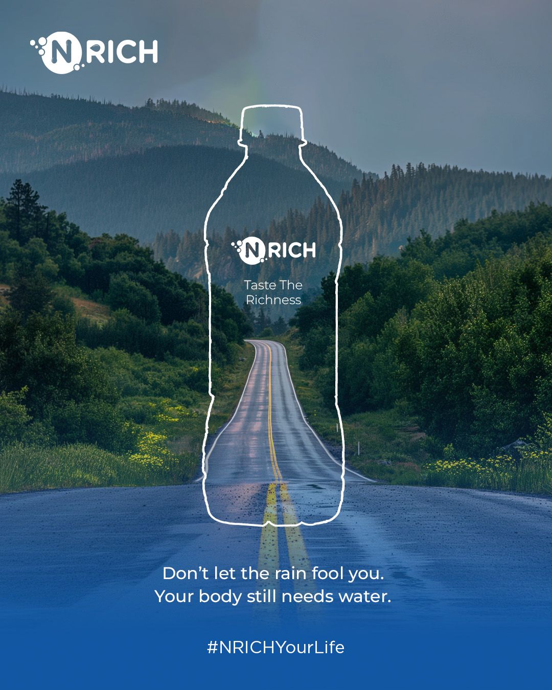 Instagram post: Bottle silhouette contains scenic road landscape