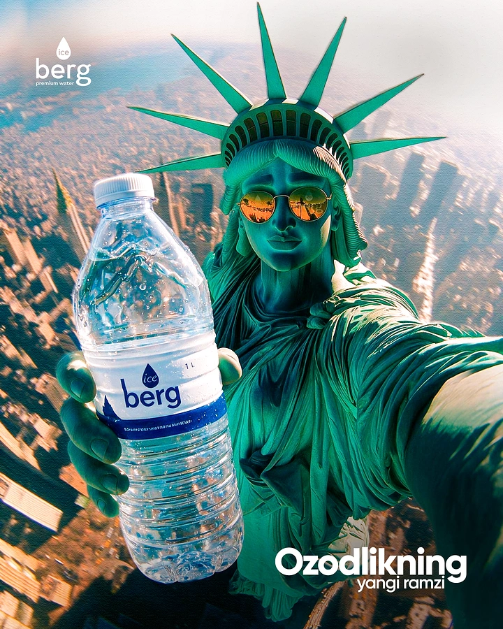 Packaged Drinking Water creative ad: Statue of Liberty taking a selfie holding a water bottle
