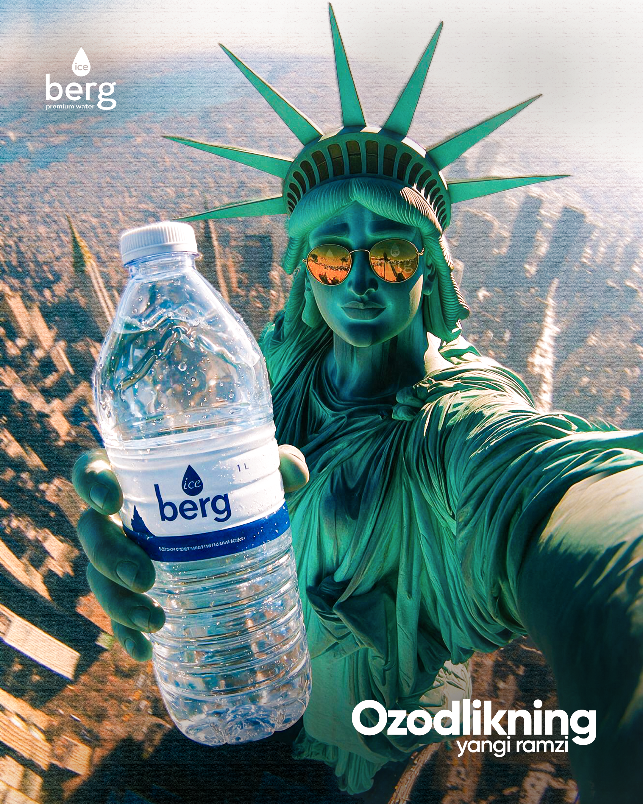 Instagram post: Statue of Liberty taking a selfie holding a water bottle