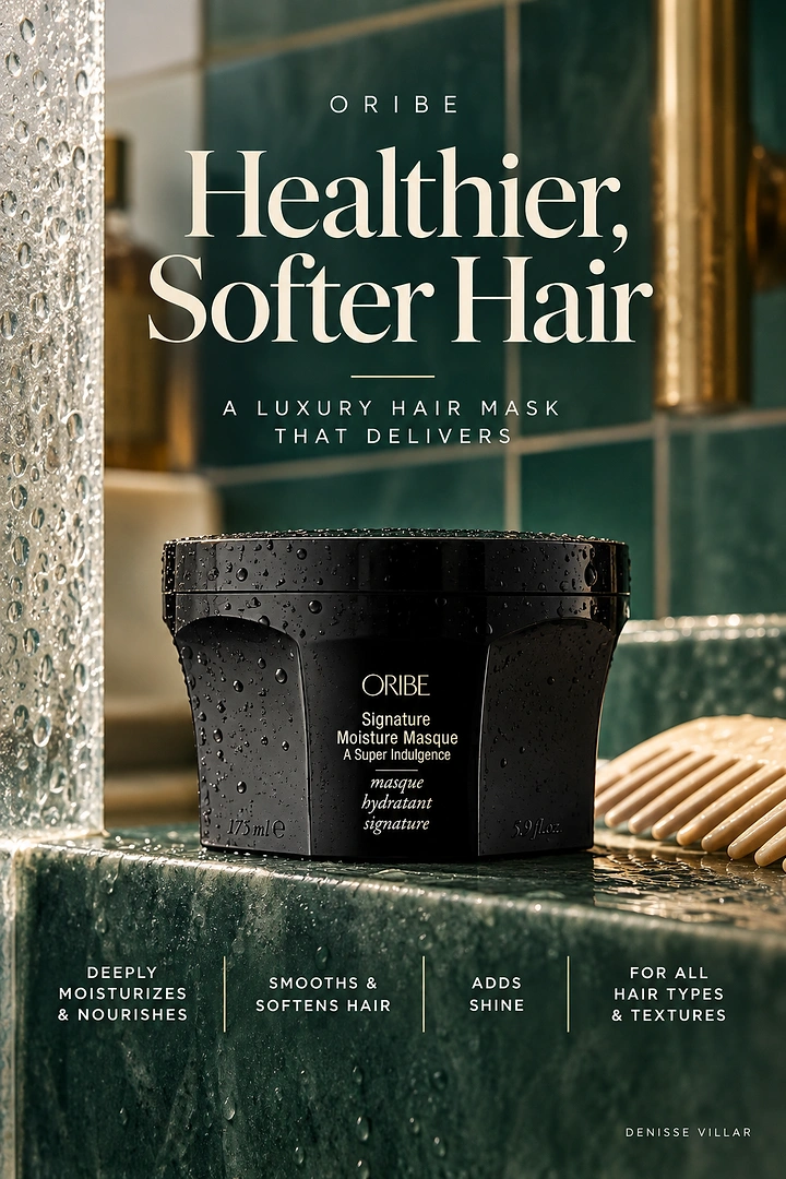 Hair Care Brands creative ad: Wet black hair-mask jar on a green marble shower ledge