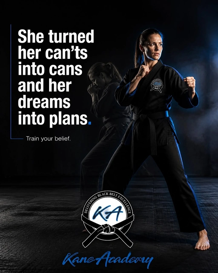 Martial Arts Academies creative ad: Woman in black karate gi in fighting stance with ghosted duplicate
