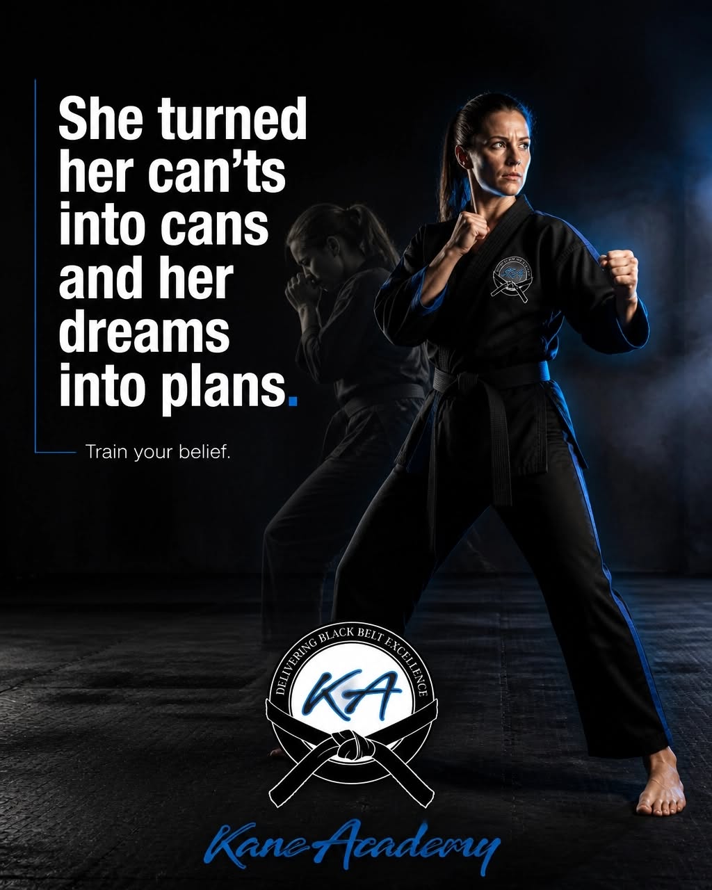 Instagram post: Woman in black karate gi in fighting stance with ghosted duplicate